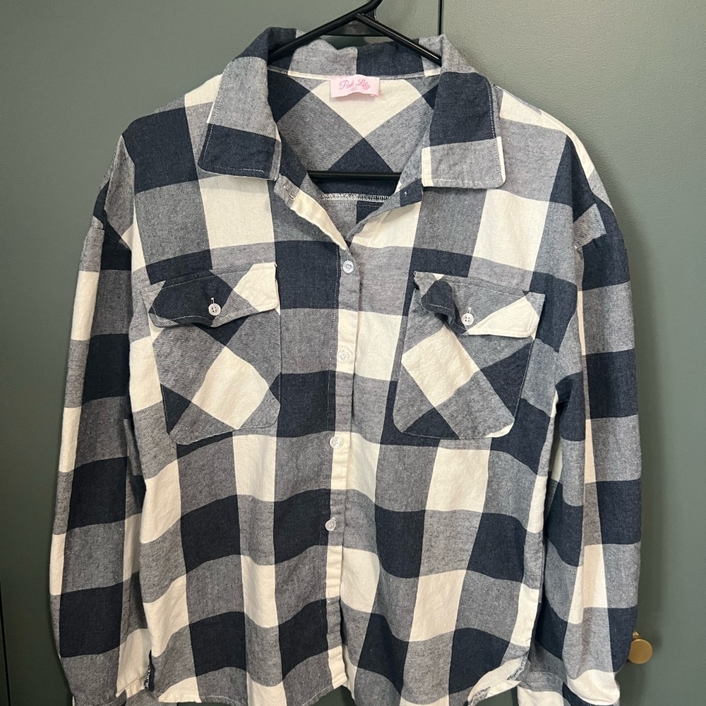 Pink Lily Navy and White Checkered Shirt